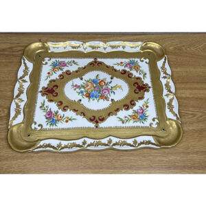 Vintage Chelsea House Floral Porcelain Vanity Tray Gold Embossed Design- 16x12”